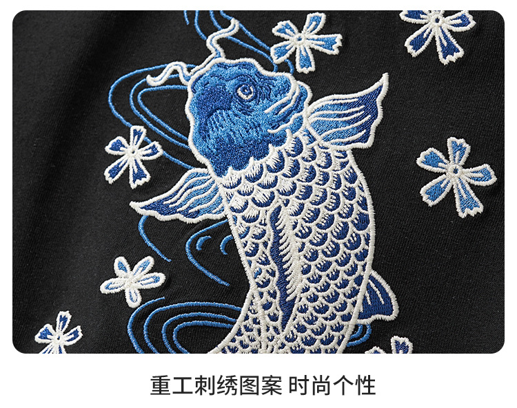 国潮夏季新款260克重磅纯棉短袖t恤男中国风锦鲤刺绣宽松大码男装批发 pic 39