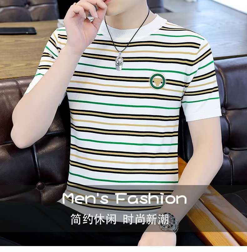 潮流时尚潮牌气质青春流行印花T恤条纹潮新款圆领男标准短袖春季详情1