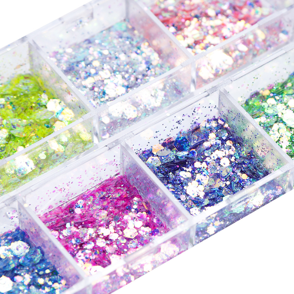 Nail polish glitter with 12 grids, iridescent glitter sheets, mermaid mixed pieces, and nail sequin decoration pic 3