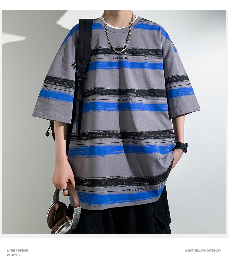 全棉条纹短袖T恤男2024港风青少年百搭宽松五分袖纯棉体恤衣服潮详情10