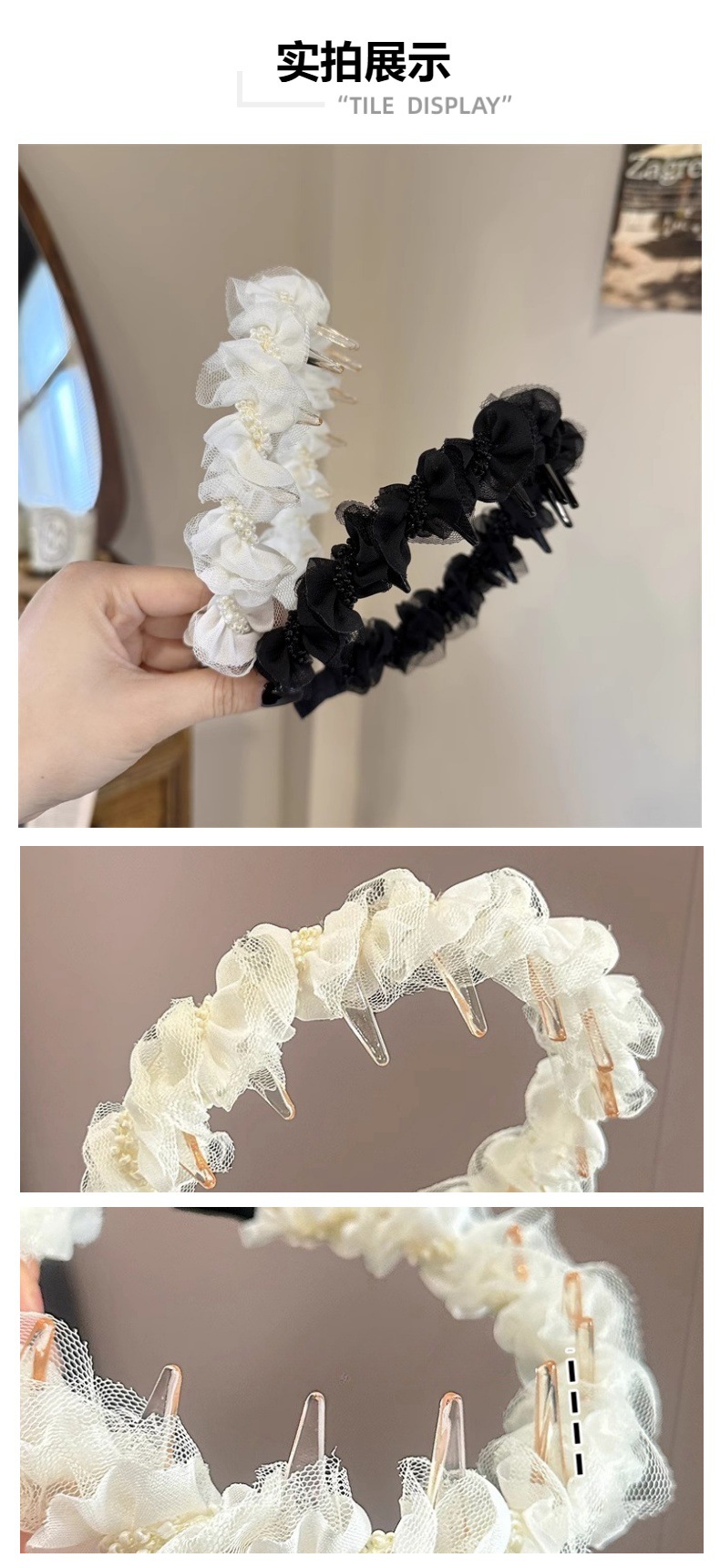 Sweet mesh pleated hairband, elegant inverted anti-slip headband, pearl embellished hair tie, stylish headwear wholesale pic 11