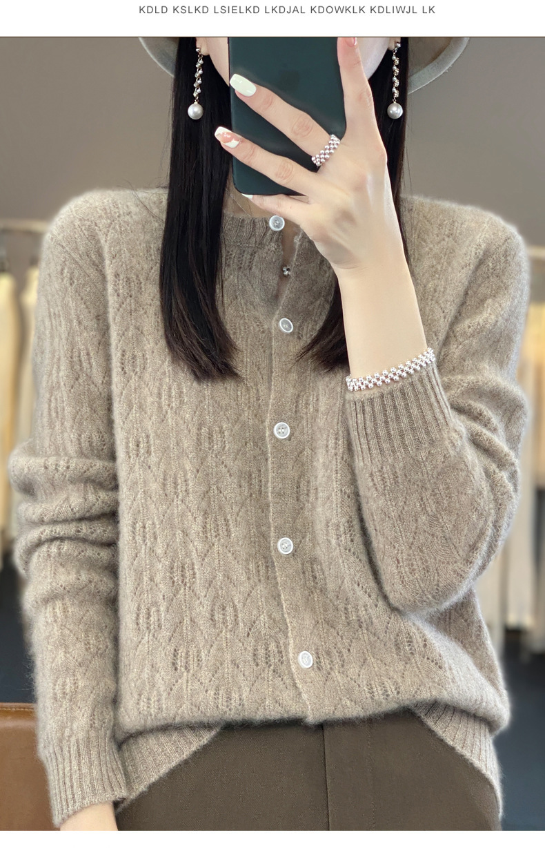 The 2023 autumn new collection features a highly anticipated hollowed-out wool cardigan jacket for women, a long-sleeved base sweater, and a thin outerwear pic 23