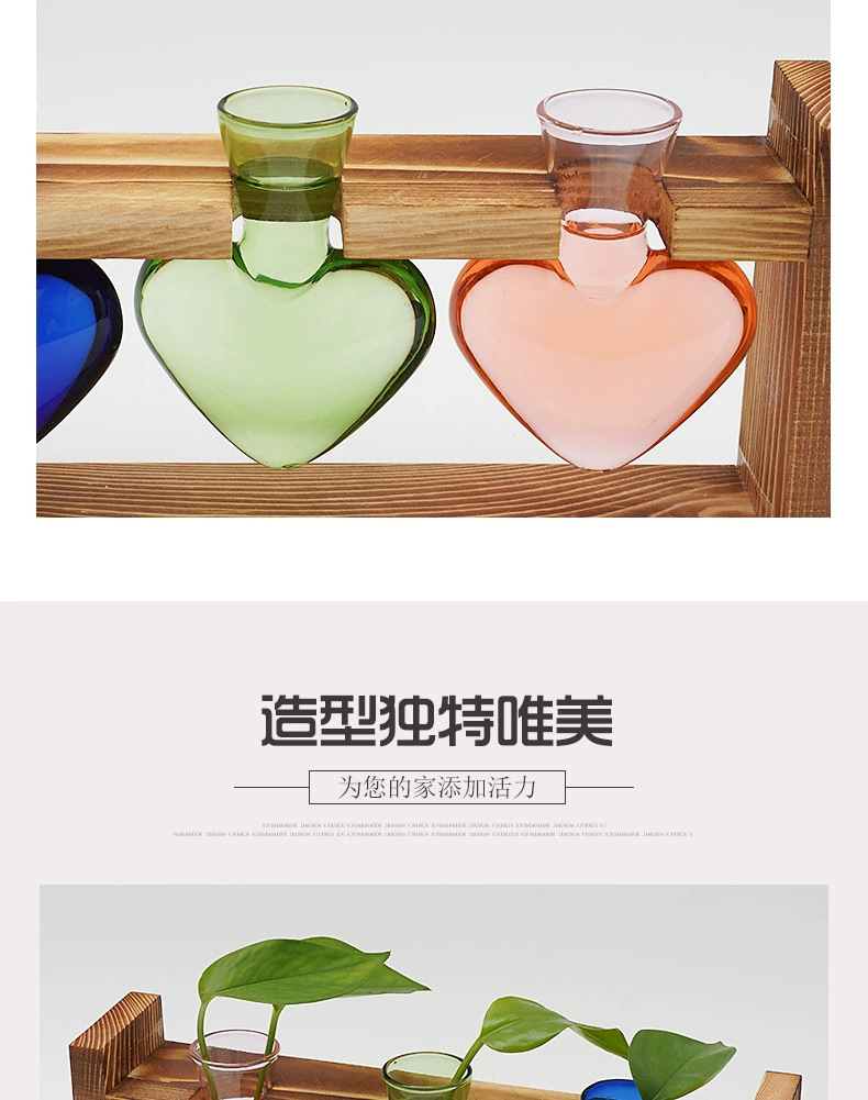 跨境创意木架水培花瓶彩色心形透明玻璃花瓶容器家居装饰插花摆件详情4