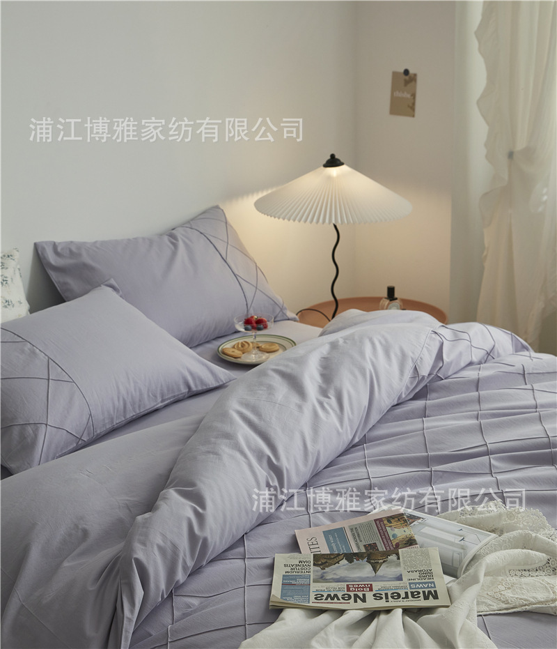 Wholesale of high-quality three or four-piece sets of washed cotton 40-count hand-knitted rhombus-shaped checkered plain pure cotton bedding pic 23