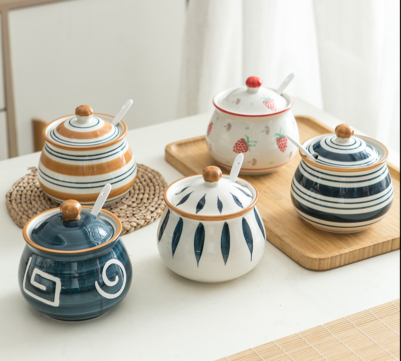 日式调味罐陶瓷猪油罐耐高温大容量厨房餐具带盖勺多款式热销套装详情5