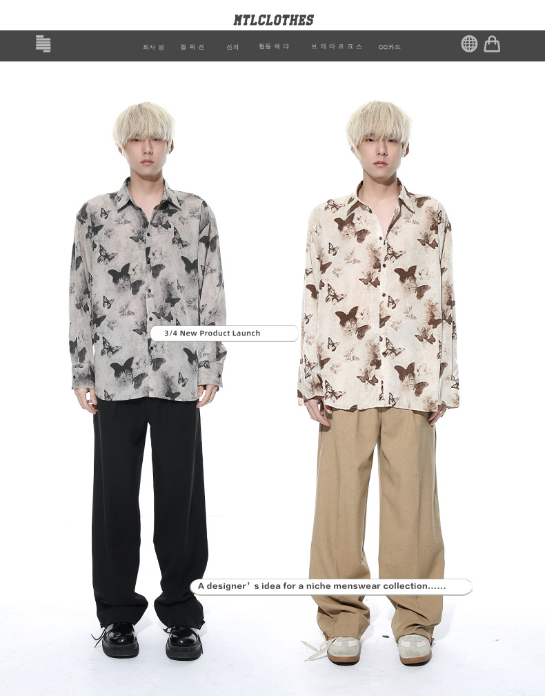 MTLCLOTHES男装|2024春款新品 国风复古创意蝴蝶水墨满印花衬衫潮详情2