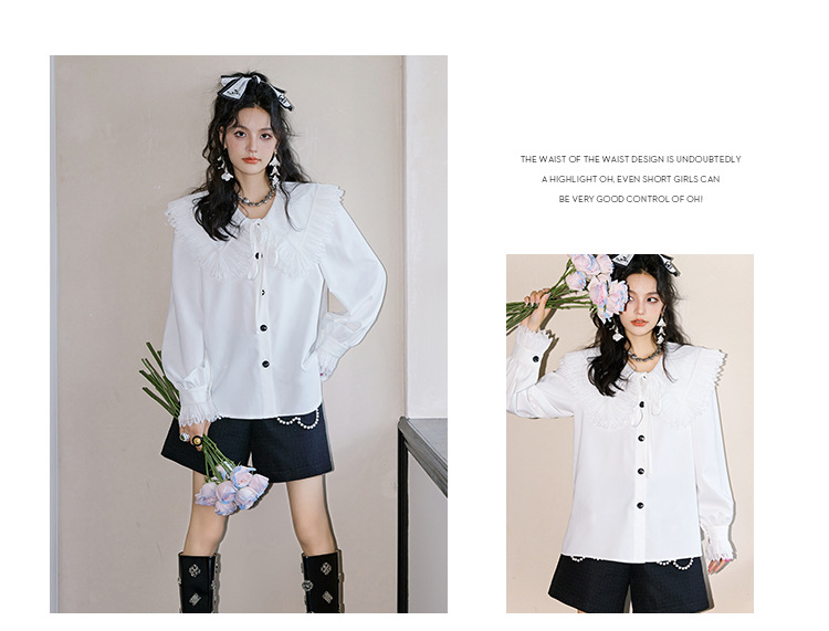 The new long-sleeved white shirt for women in the autumn of 2023, with lace trim and a doll-neck design, is a stylish shirt for women pic 26