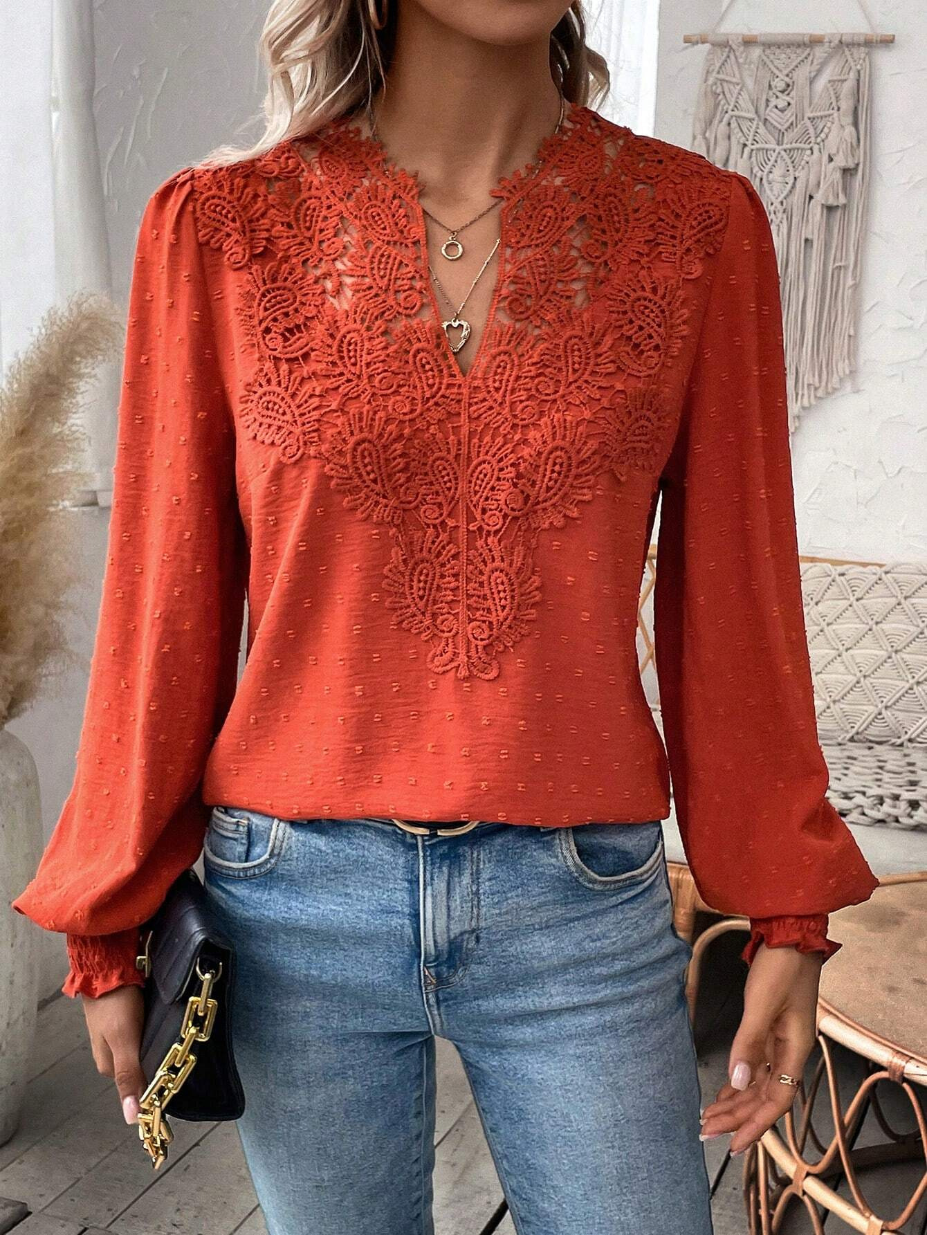 The new autumn and winter fashion V-neck lace solid color long-sleeved casual T-shirt for women on Amazon Cross-border in Europe and America in 2024 pic 9