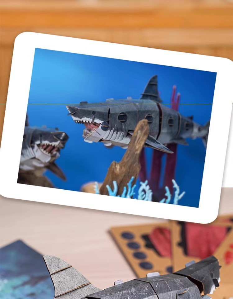 梦巴格3D立体纸拼图益智模型拼插装玩具自然科普动物手工噬人鲨鱼益智拼图玩具详情9