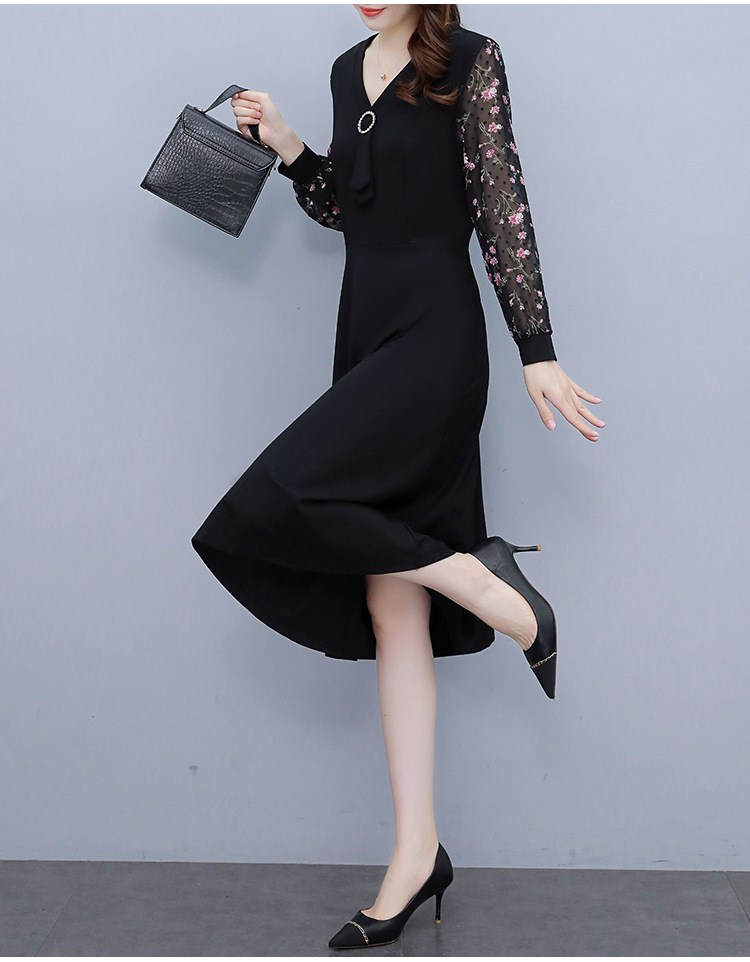 Chiffon dress for women 2022 Spring and Autumn New Style, a mid-length Korean-style waist-cinching and slimming dress with floral patchwork pic 13