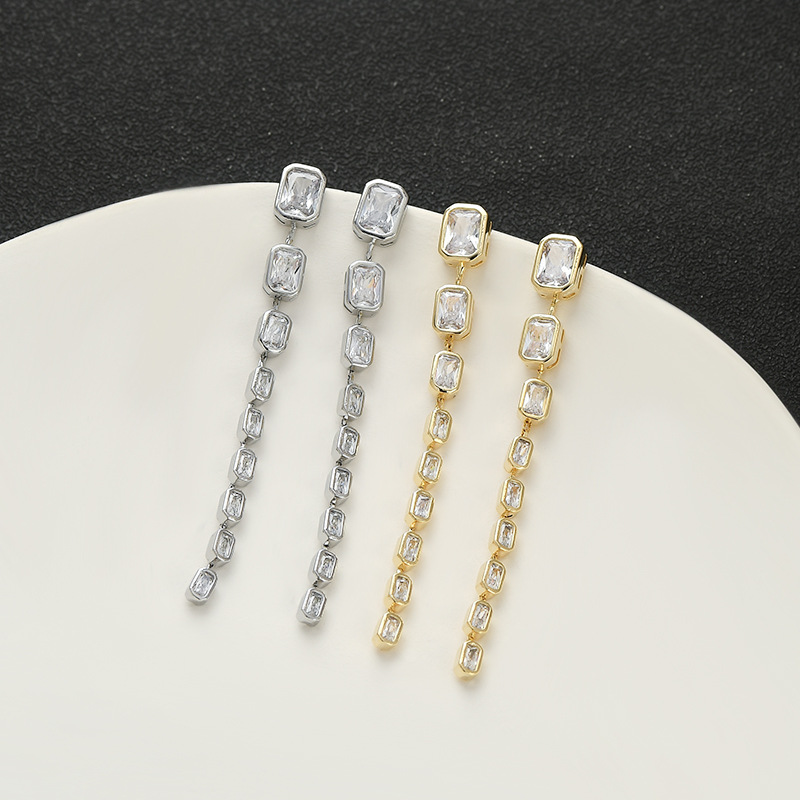 S925银针韩版时尚气质耳钉女高级感几何方糖项链精致百搭流苏耳环详情2