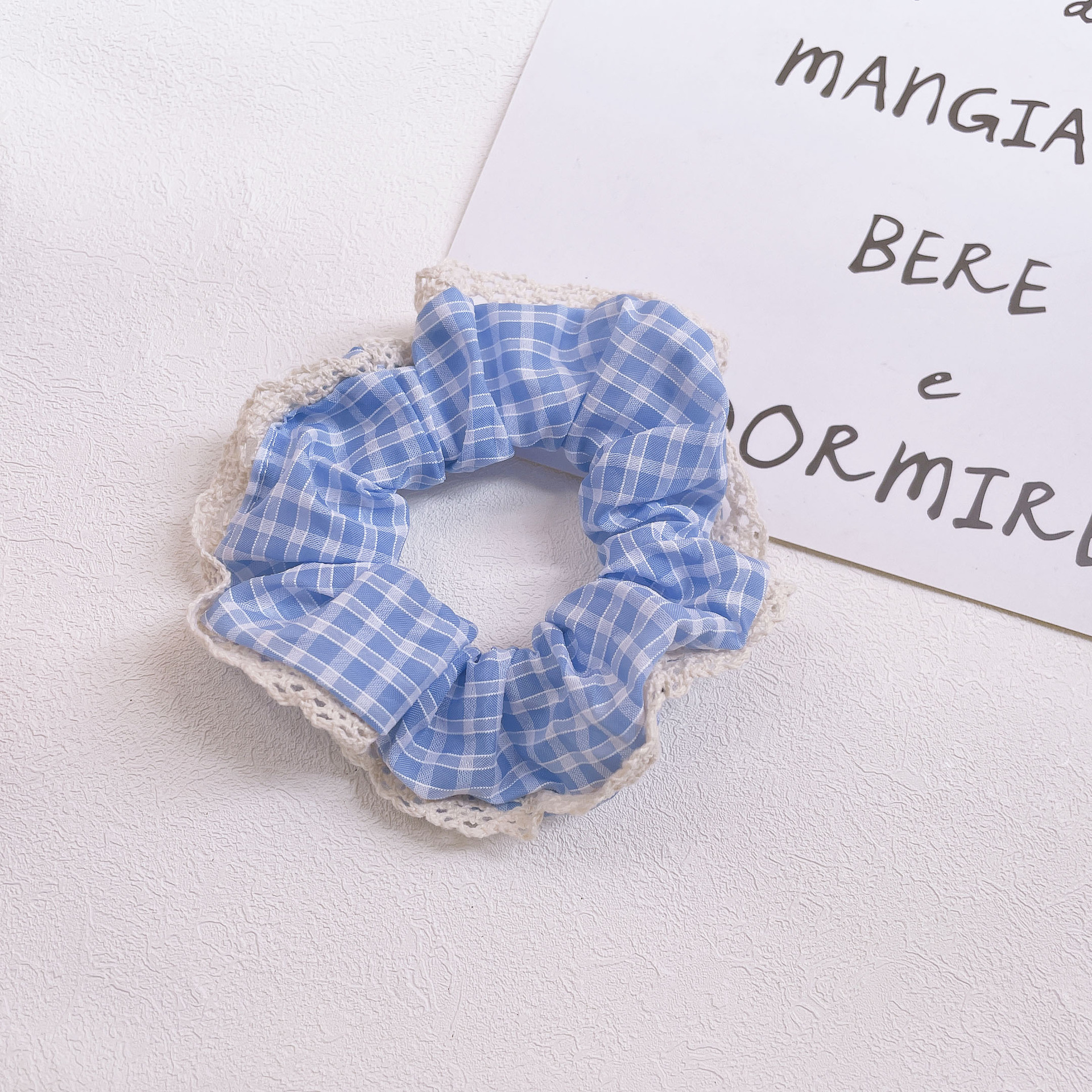 Summer fresh and cute checkered large intestine circle, Japanese girlish sweet lace edge simple bun hair tie pic 8