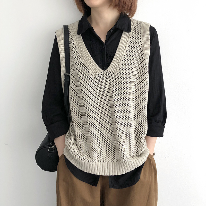 大码春秋新款文艺针织纯色缕空V领棉线无袖宽松女士叠穿马甲背心详情2