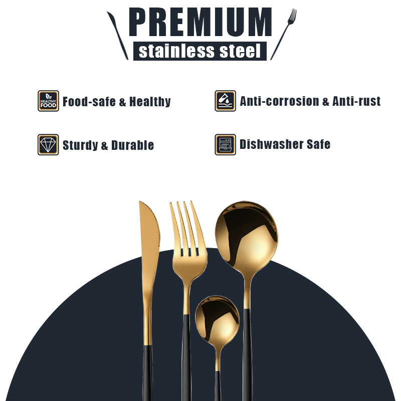 跨境热销葡萄牙不锈钢刀叉24件套餐具套装礼盒装镀钛金色西餐勺子详情1