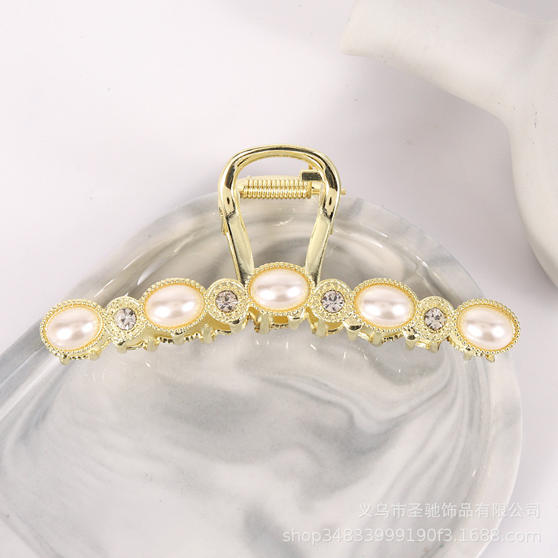 新款金属滴油珍珠水钻发夹流行简约女式发抓网红鲨鱼夹发卡大抓夹详情4