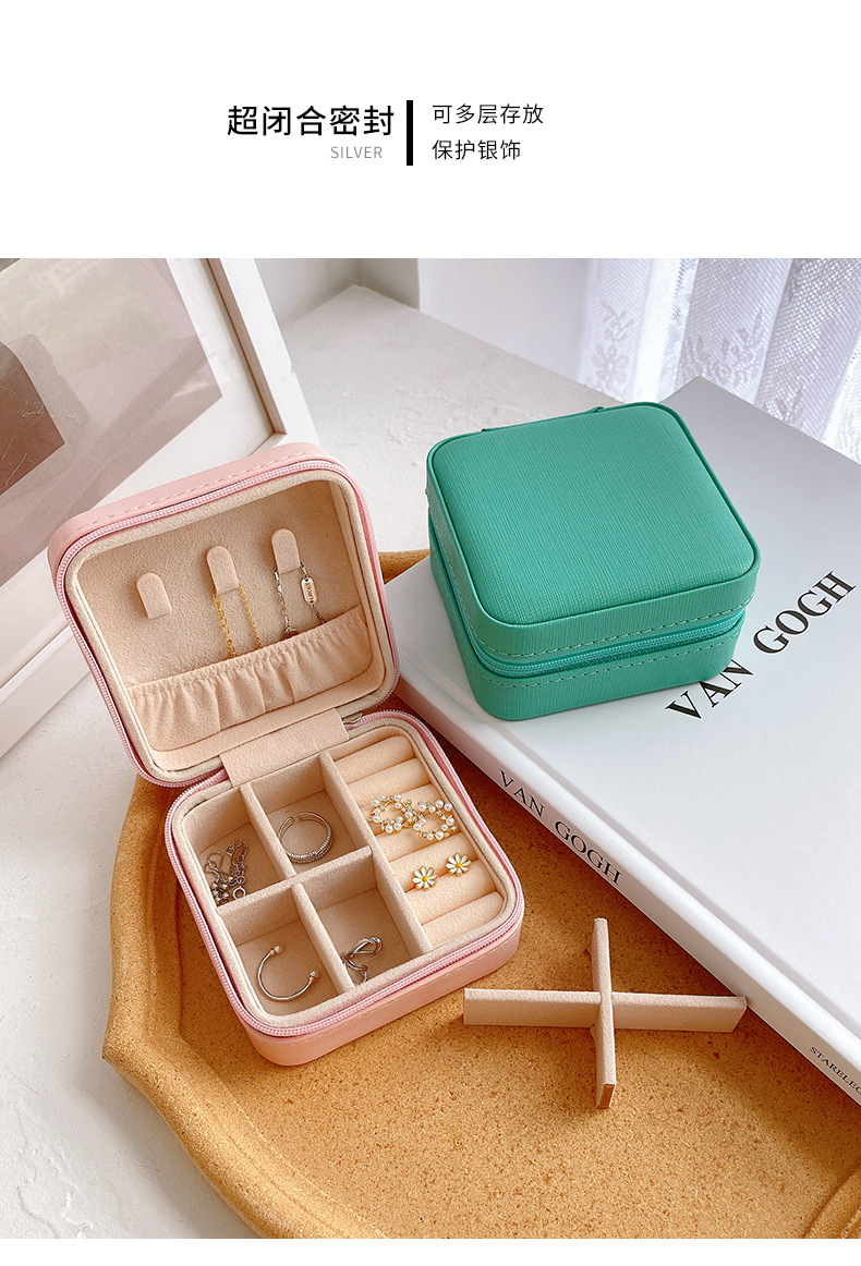 Simple and portable palm jewelry box, European and American ring and earring storage box, zipper flip cover travel trinket box pic 8