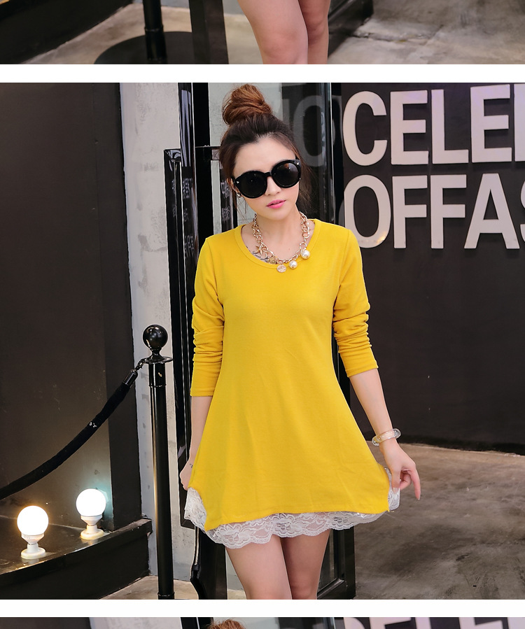 Autumn large-sized solid color T-shirt for pregnant women with lace trim, mid-length loose base layer pic 17