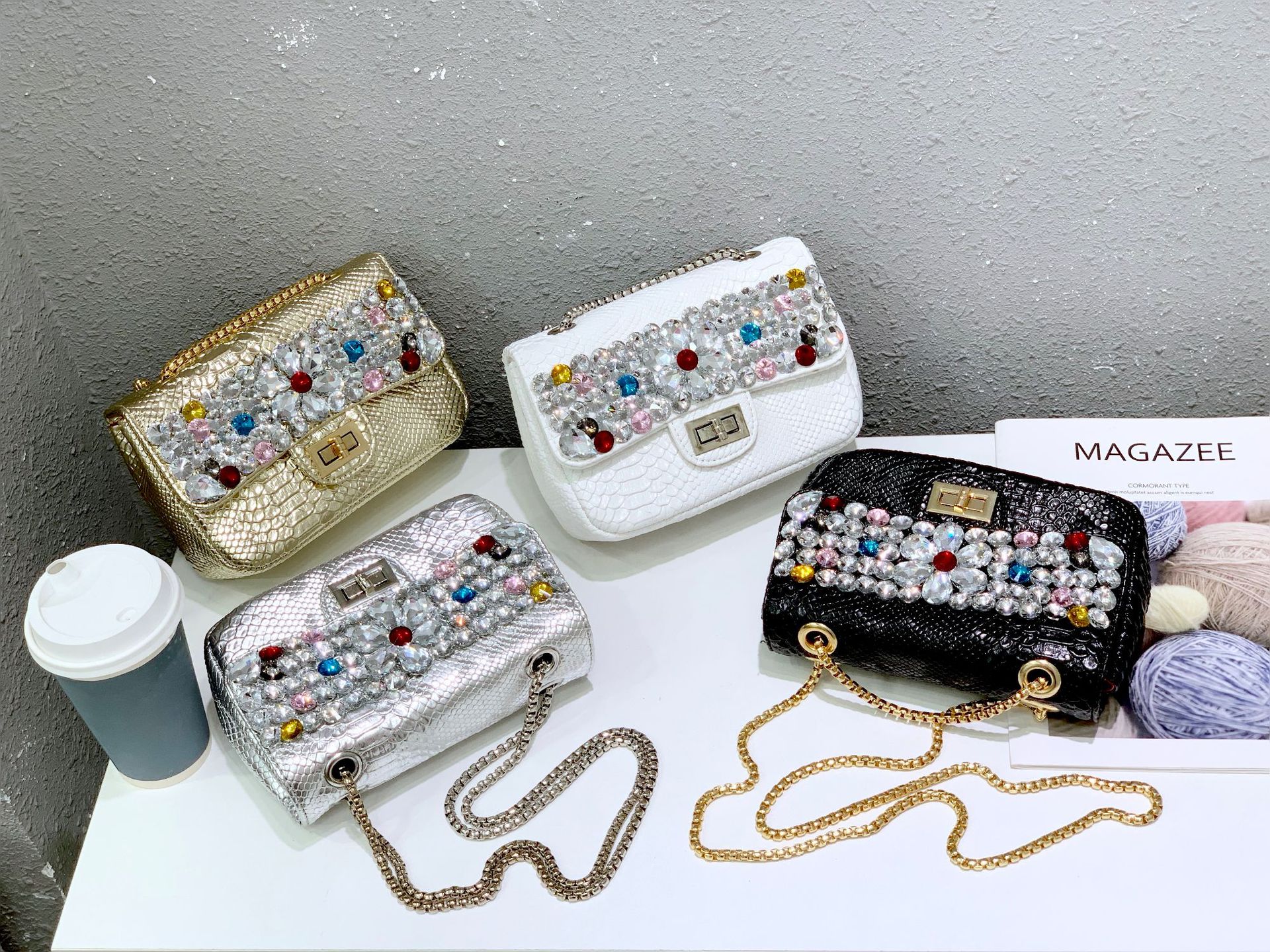 Chanel snake-patterned diamond bag, single-shoulder crossbody bag, crystal gemstone hot mom bag, flower sequined chain bag, water diamond bag pic 1