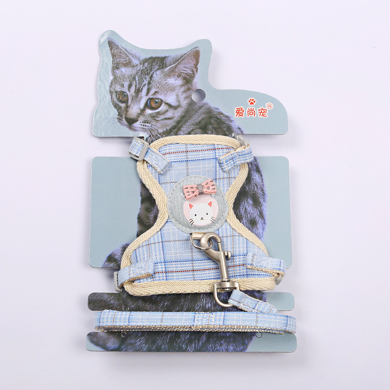 Wholesale of cartoon cute cat I-shaped chest and back straps, durable pet leashes, pure cotton webbing cat chains pic 10
