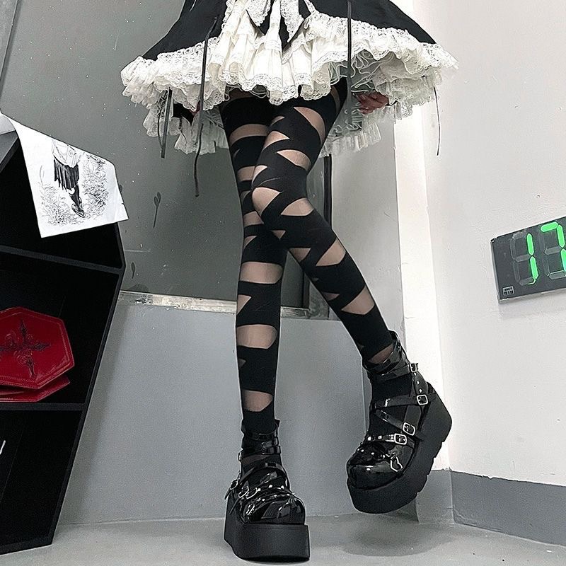 lolita交叉绑带白丝袜女夏季薄款纯欲黑丝性感朋克辣妹条纹连裤袜详情11