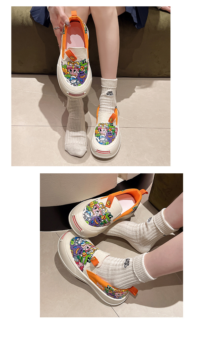 可爱卡通懒人一脚蹬厚底透气帆布鞋女涂鸦2024春秋新款休闲鞋批发详情11