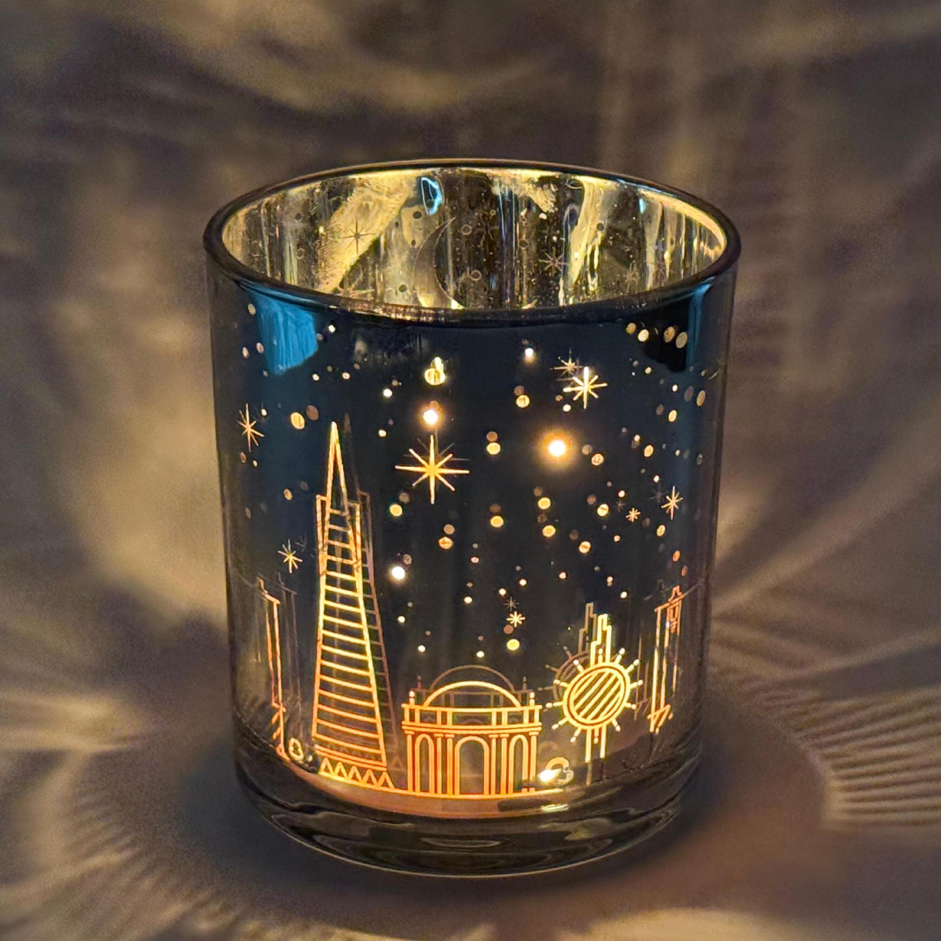 城市星空街景蜡烛玻璃杯烛台空杯电镀激光镂空LED光感香薰蜡烛杯详情7