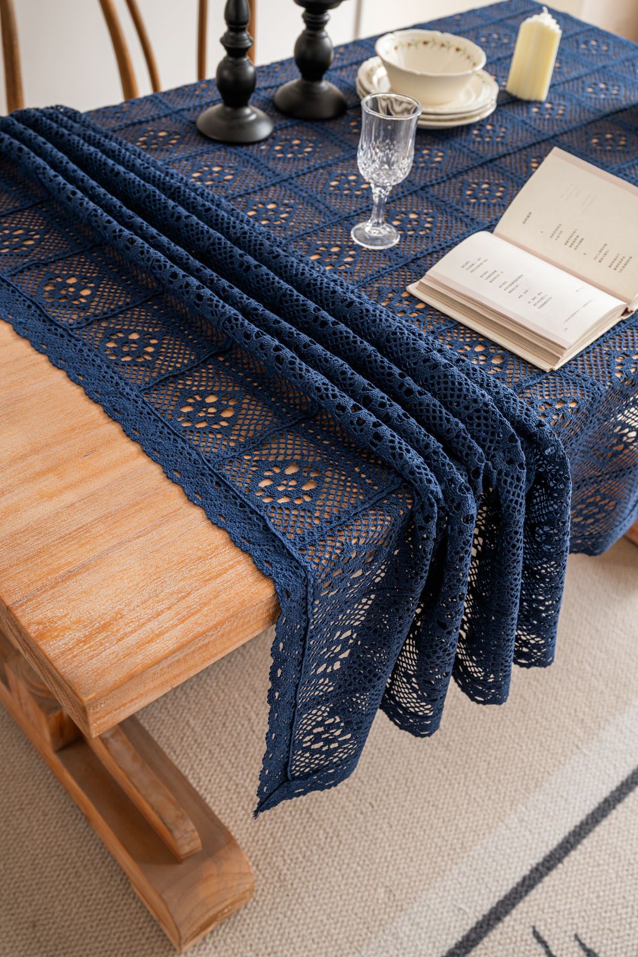 Cross-border hollowed-out hidden deep blue tablecloth, retro crochet photo art book, personalized cotton thread woven tablecloth cover pic 27