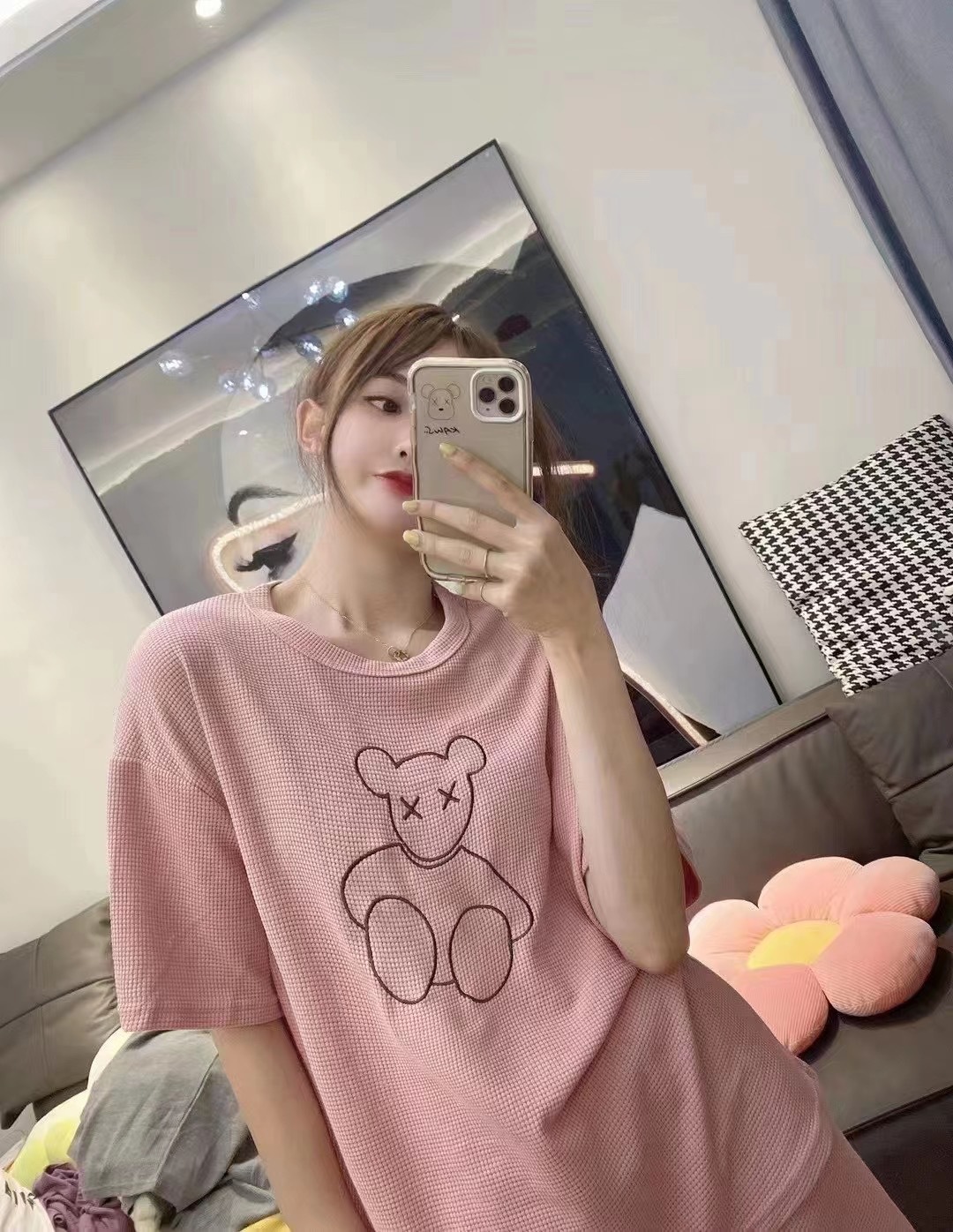 Waffle Bear Set 2022 New Fashion Embroidered outerwear, home wear, short-sleeved, trendy shorts, two-piece set for women pic 5