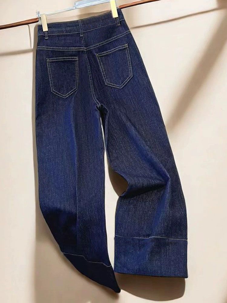 夏季薄款丹宁蓝原色时尚牛仔裤女小个子大码百搭深蓝色九分阔腿裤详情2
