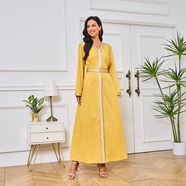 MT098中东外贸迪拜穆斯林长袍女装 刺绣金色珠片花边连衣裙 abaya详情30