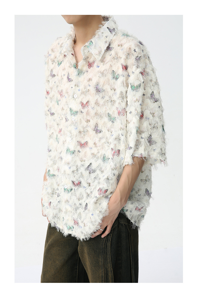 MTLCLOTHES男装|2024春款新品 法式小众独特彩色蝴蝶提花流苏衬衫详情19