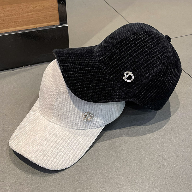 帽子女镶钻D字母灯芯绒鸭舌帽秋冬季韩版时尚百搭弯檐青年棒球帽详情2