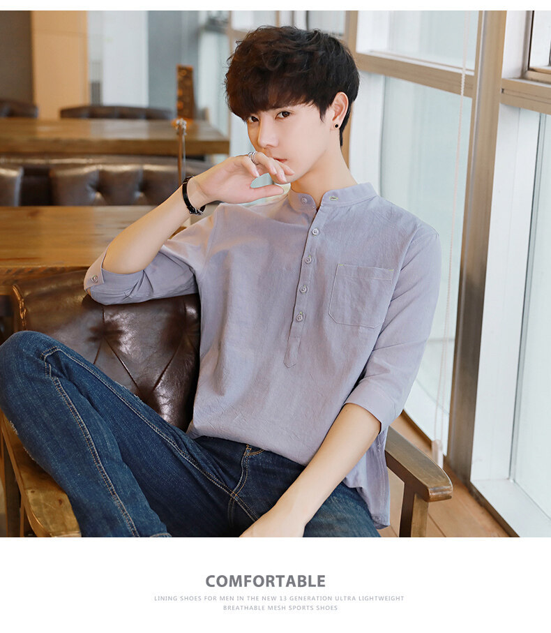 衬衫男士夏季韩版潮流帅气休闲百搭亚麻上衣七分短袖男装白色衬衣详情10