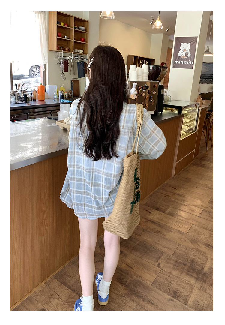 法式设计感小衫蓝色格子防晒衬衫女2024秋季新款女装小清新bm上衣详情19