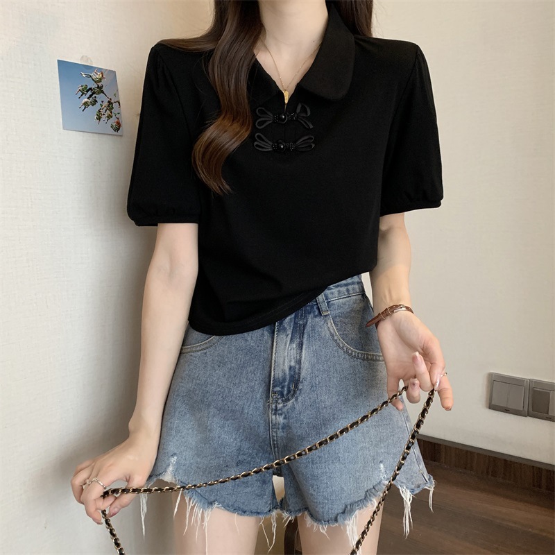 正肩Polo领短袖T恤女夏季大码胖mm显瘦新中式国风上衣泡泡袖小衫详情12