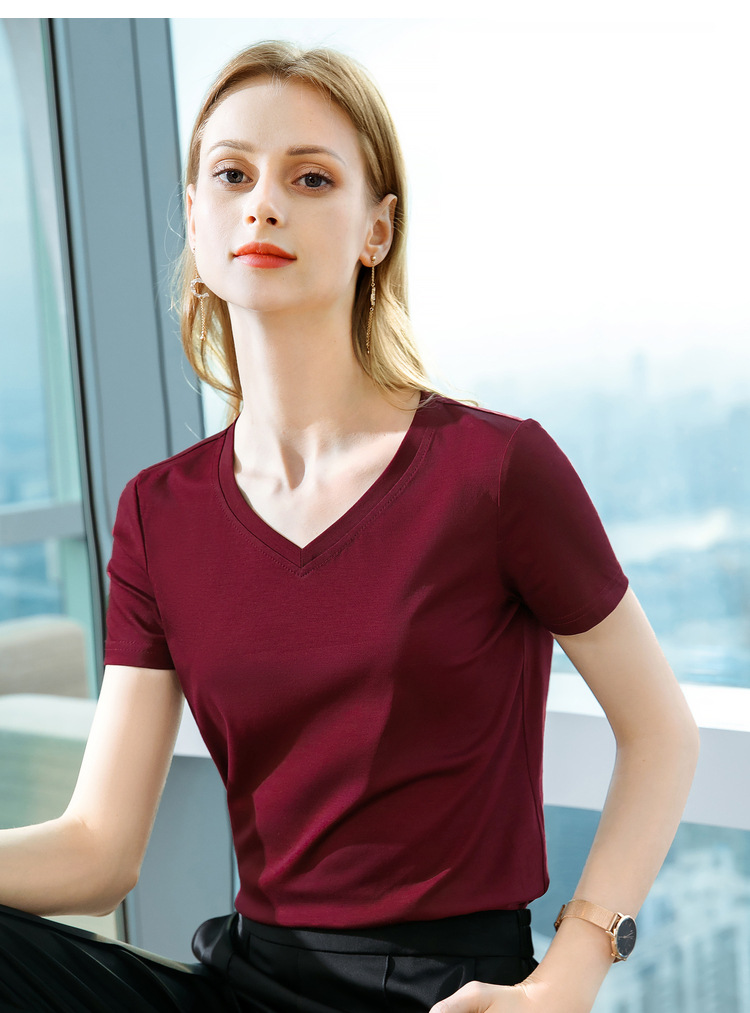 冰感丝光棉短袖t恤女2024新款女装气质v领纯棉体恤纯色高级感上衣详情26