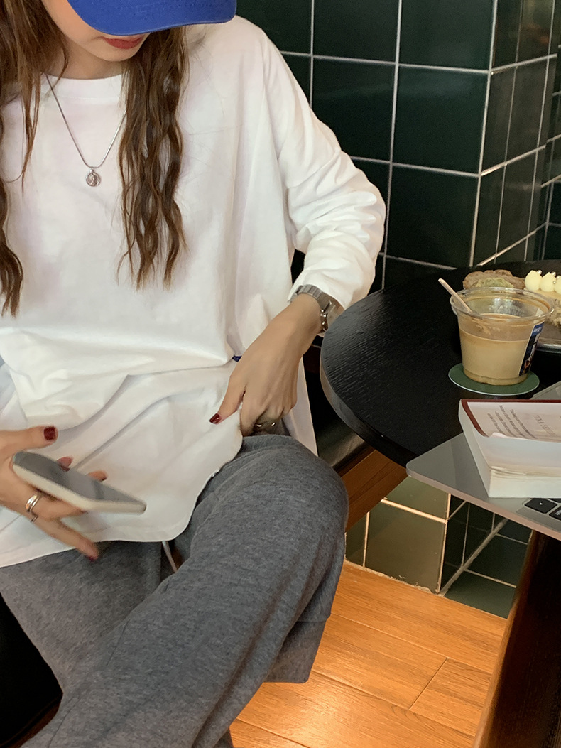 黄峥简约贴标开叉长袖T恤女2022春韩版宽松休闲设计感上衣T85396详情24