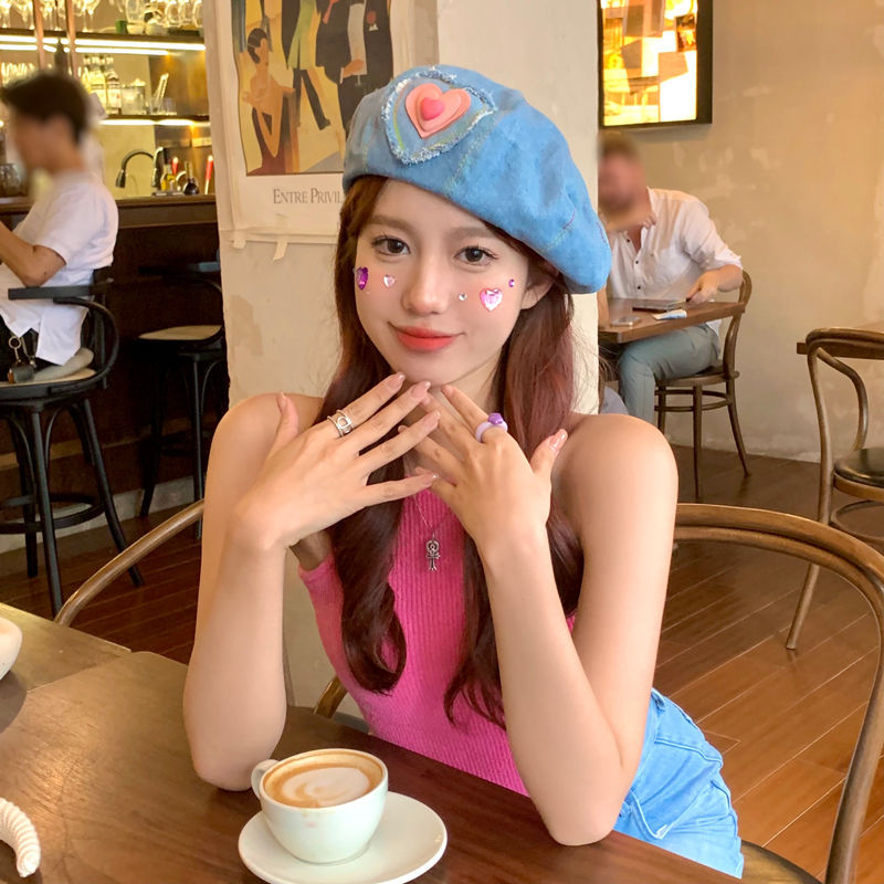 日系甜美蜜桃女孩可爱粉色爱心牛仔贝雷帽子女春季小众画家帽子详情8