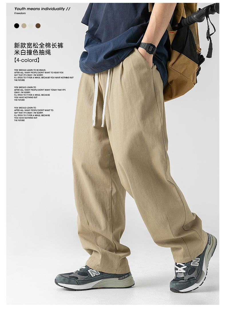 Japanese-style pure cotton casual pants for men in spring 2024, featuring a retro double pleated design and versatile long pants for men pic 4