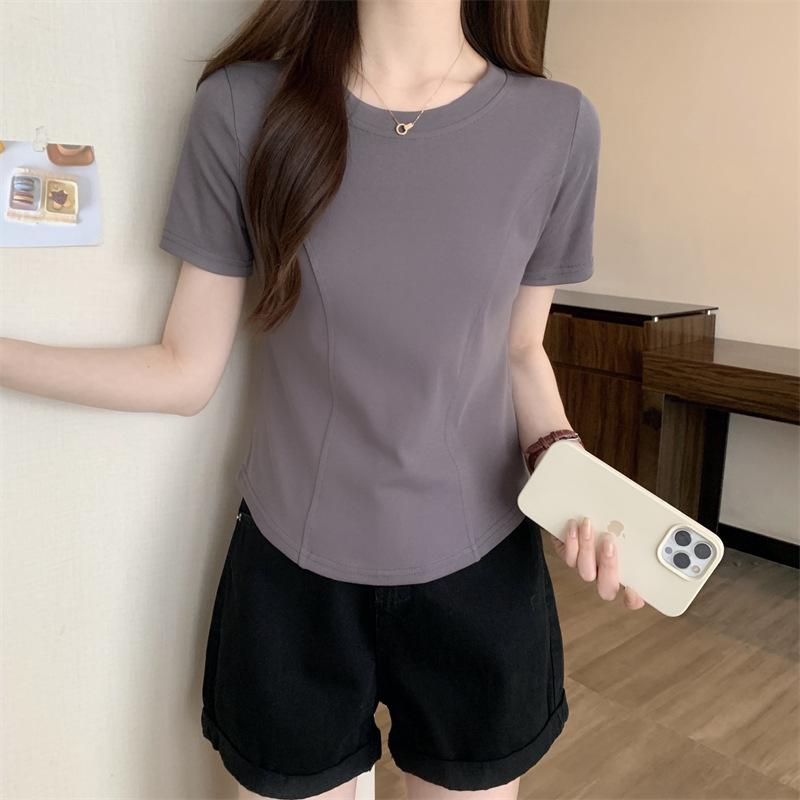 夏季新款短袖t恤女装正肩紧身设计感短款纯欲不规则下摆弧形上衣详情11