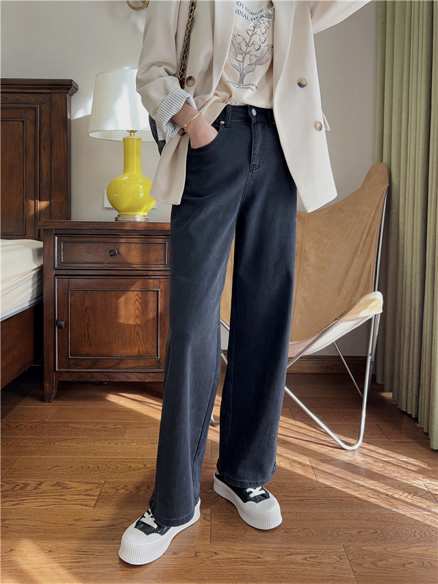 Treasure pants: Slimming, versatile, drape black straight-leg jeans for petite women, high-waisted wide-leg pants pic 17