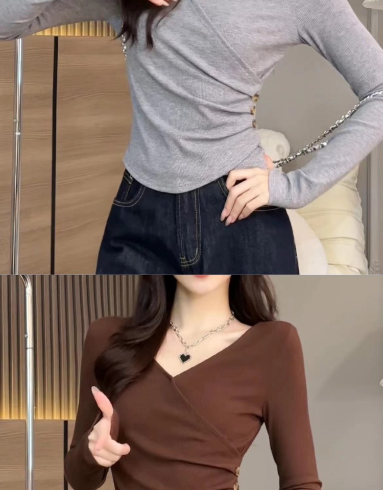 A large-sized solid-color long-sleeved T-shirt for women in the new autumn of 2025. It can be worn as a base layer for chubby girls to hide their skin and make them look slimmer. It is a full-shoulder top pic 2