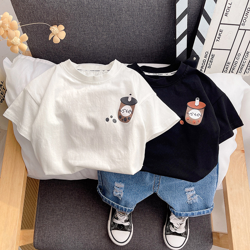奶茶小哥衣服男童女童夏装套装2024新款夏季衣服洋气儿童短袖韩版详情1