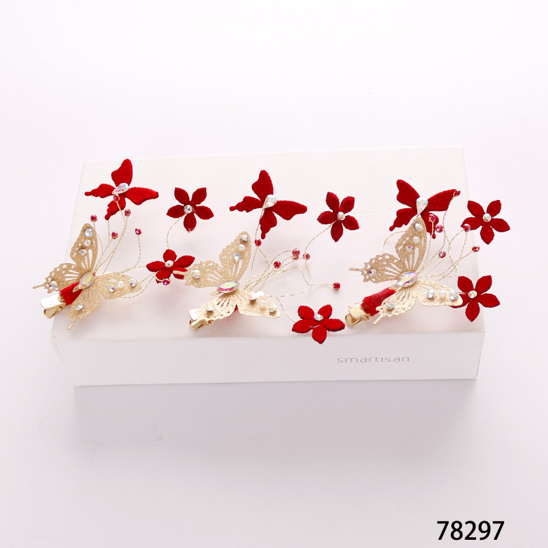 New large red hair clips from Japan and South Korea, Chinese-style bride headwear, wedding toasting attire, with diamond-encrusted butterfly-shaped clip accessories at the side pic 11