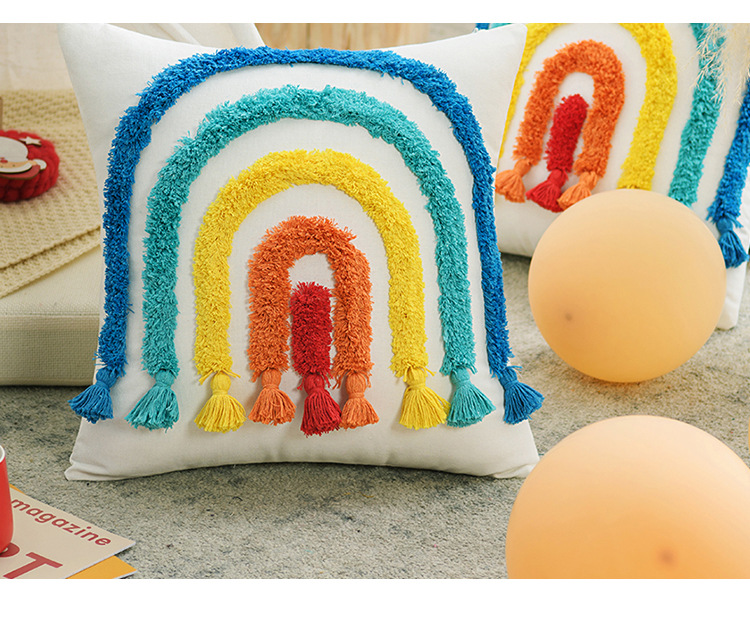 Cross-border ethnic style Bohemian style tufted rainbow pillowcase, three-dimensional embroidered cushion cover, home pillow cover pic 18
