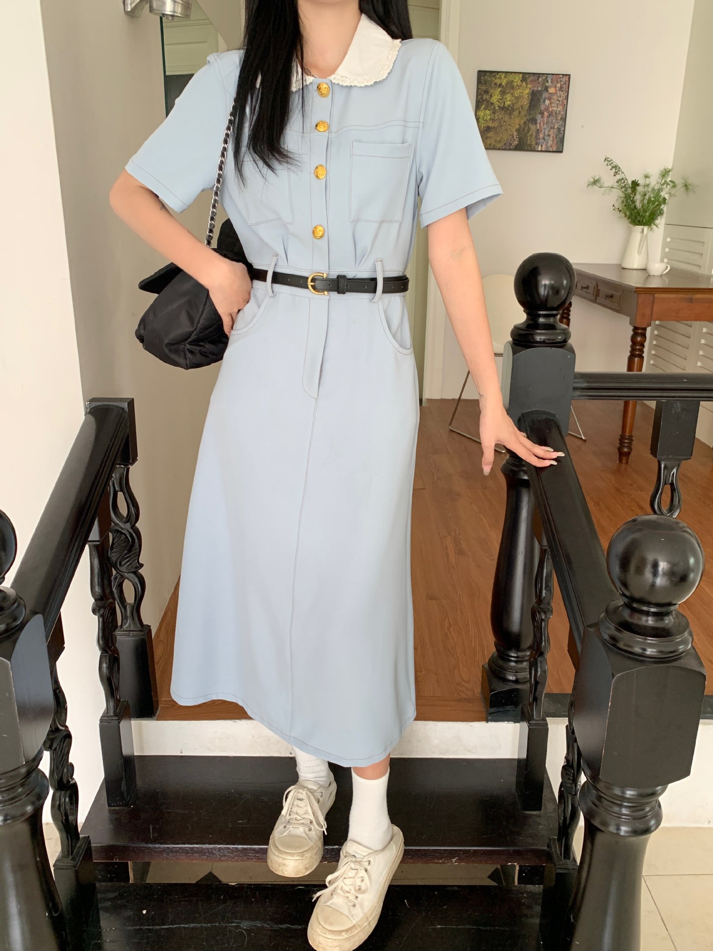 大码女装胖mm百搭娃娃领连衣裙2023夏季新款休闲收腰韩版高级裙子详情20