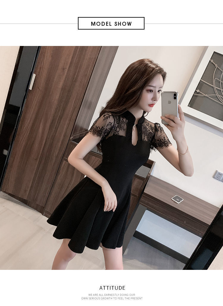 大码胖mm蕾丝连衣裙女夏2021年新款女旗袍改良版复古裙小黑裙高腰详情6