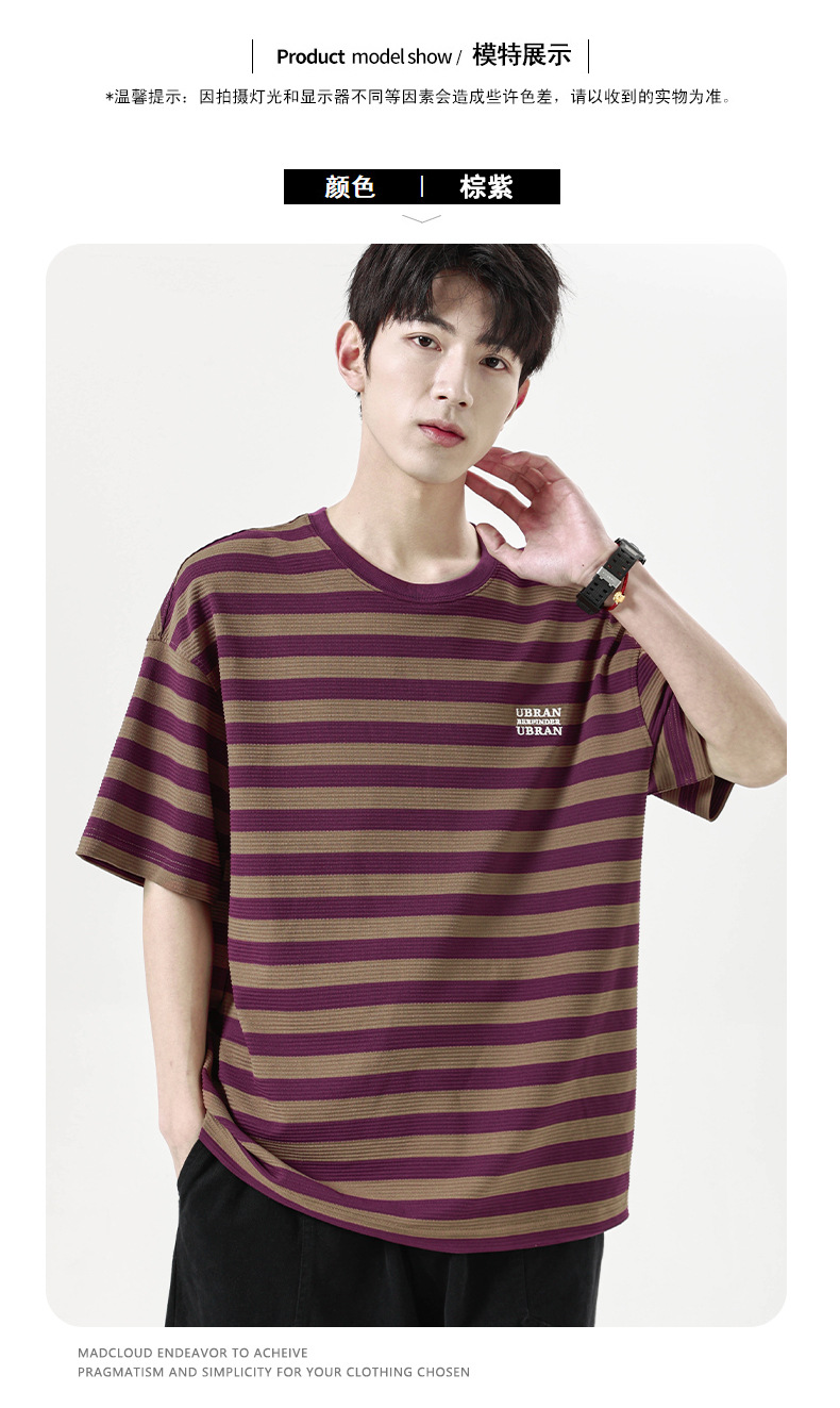 古川男装|2024夏季新款提花条纹短袖男宽松圆领套图百搭学生半袖详情6