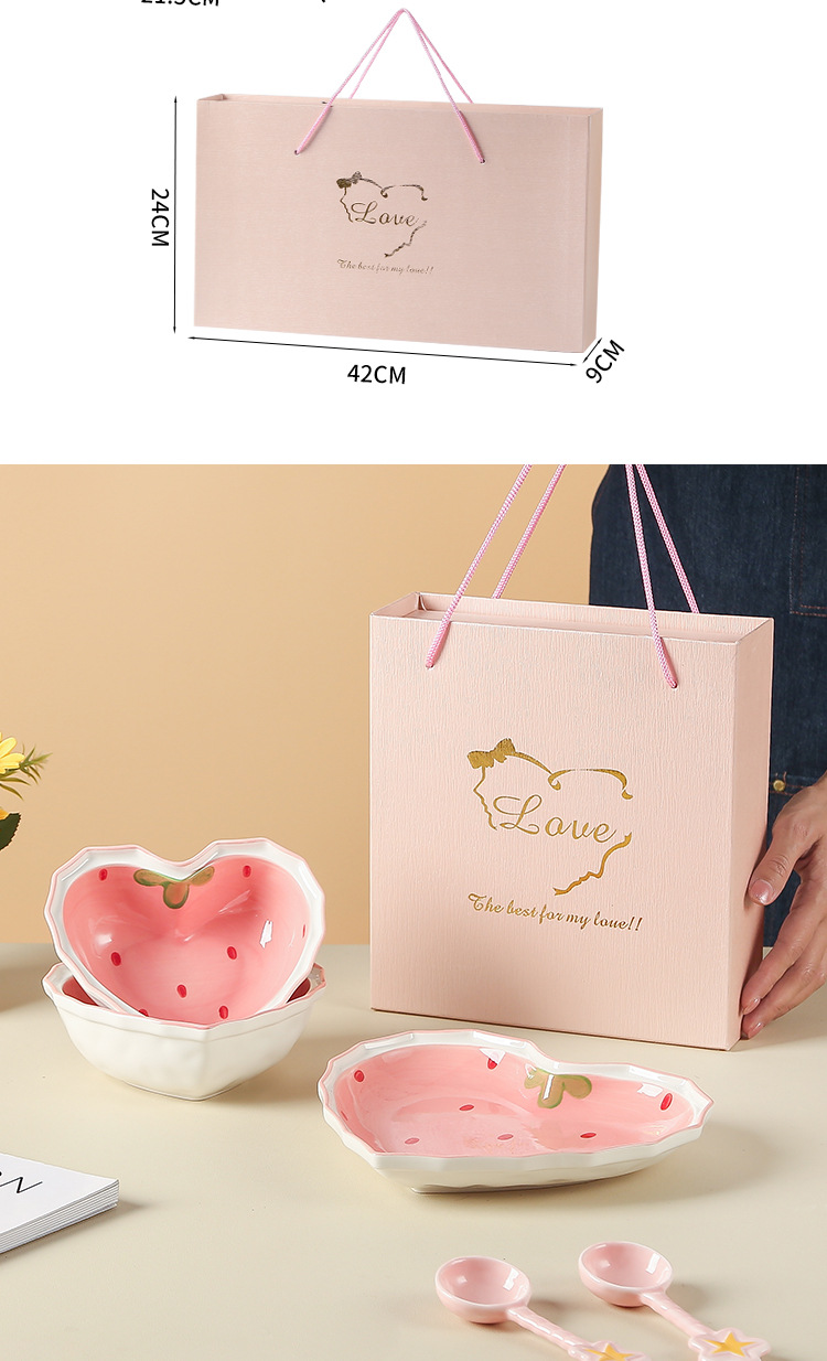 【 Carrying Box 】 Strawberry Bowl, Star Spoon, Ceramic Bowl and Spoon Set, Pink Chinese underglaze Color Tableware set pic 9
