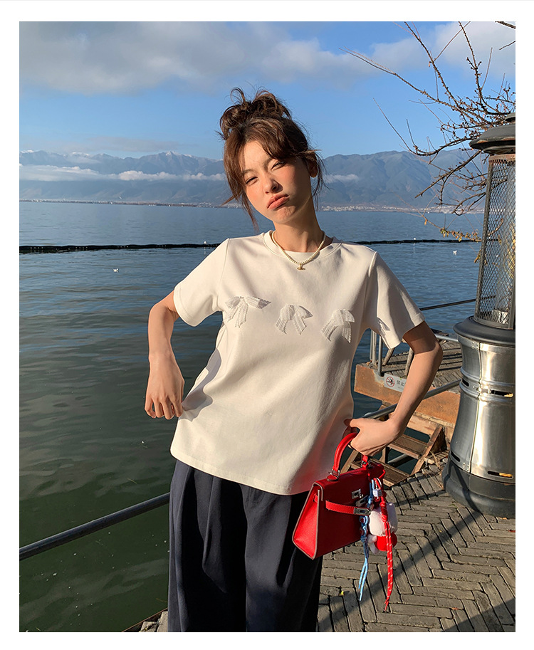 Aisili 2025 Spring Korean ballet-style lace bow design Versatile short-sleeved T-shirt for women 13316 pic 1